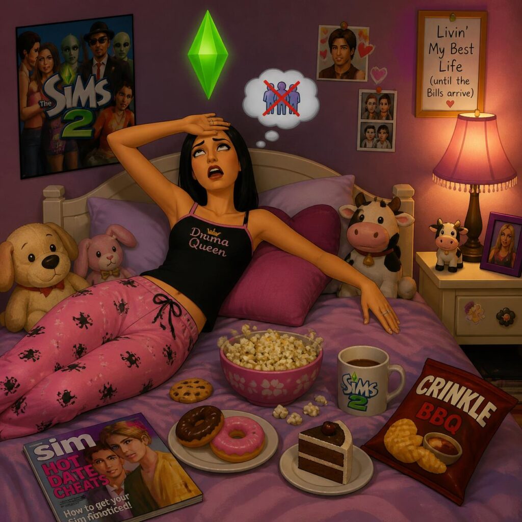Sims 2 woman with plumbop experiencing PMS symptoms sims 2 style