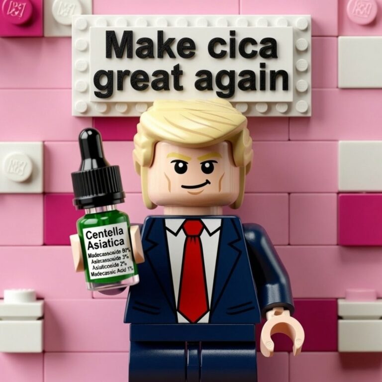 Лего-фигурка с бутылочкой Centella Asiatica на фоне таблички Make cica great again