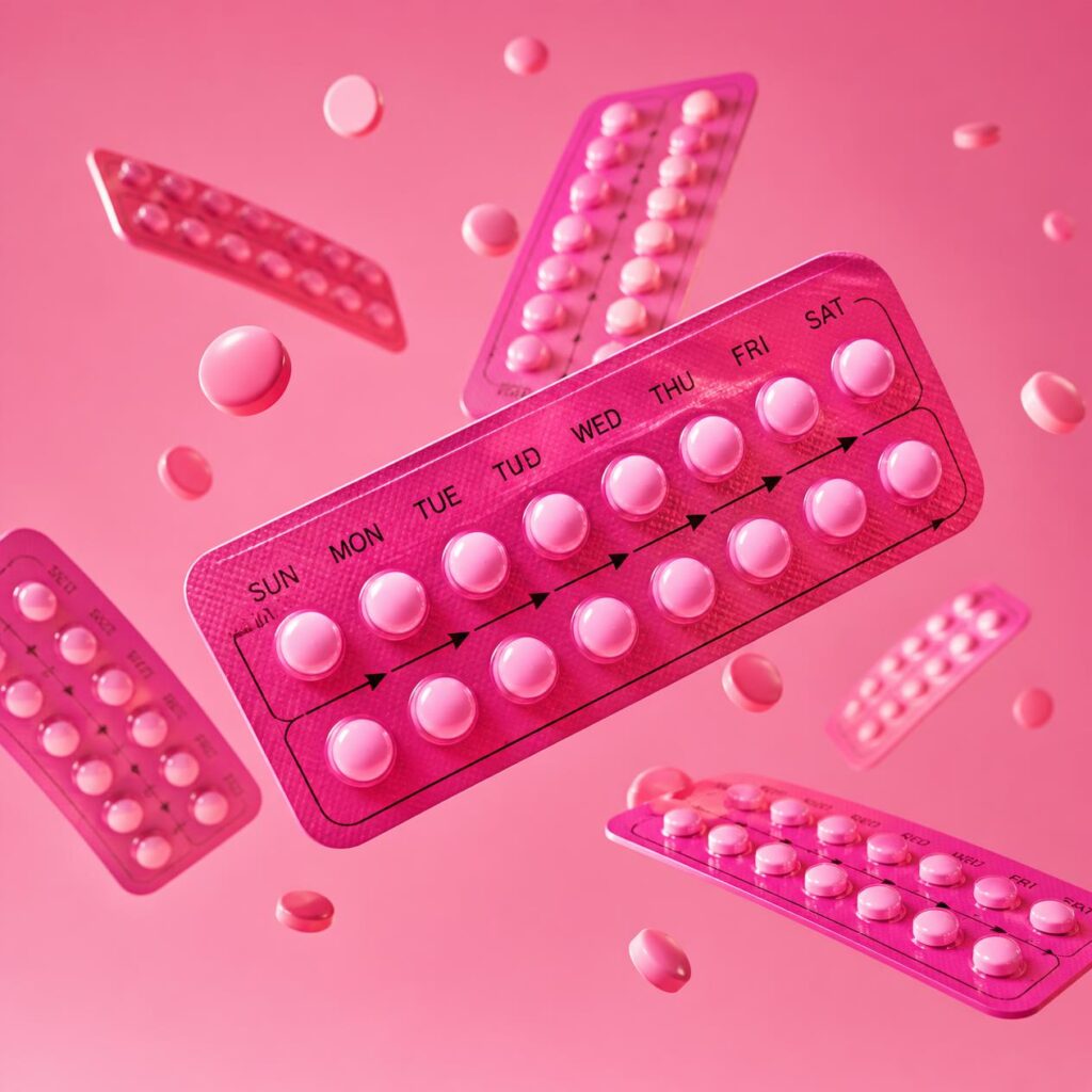 3D image of pink oral contraception pills floating in the air on pink background (3)