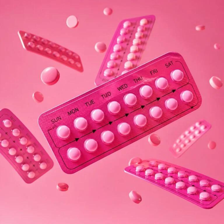 3D image of pink oral contraception pills floating in the air on pink background (3)