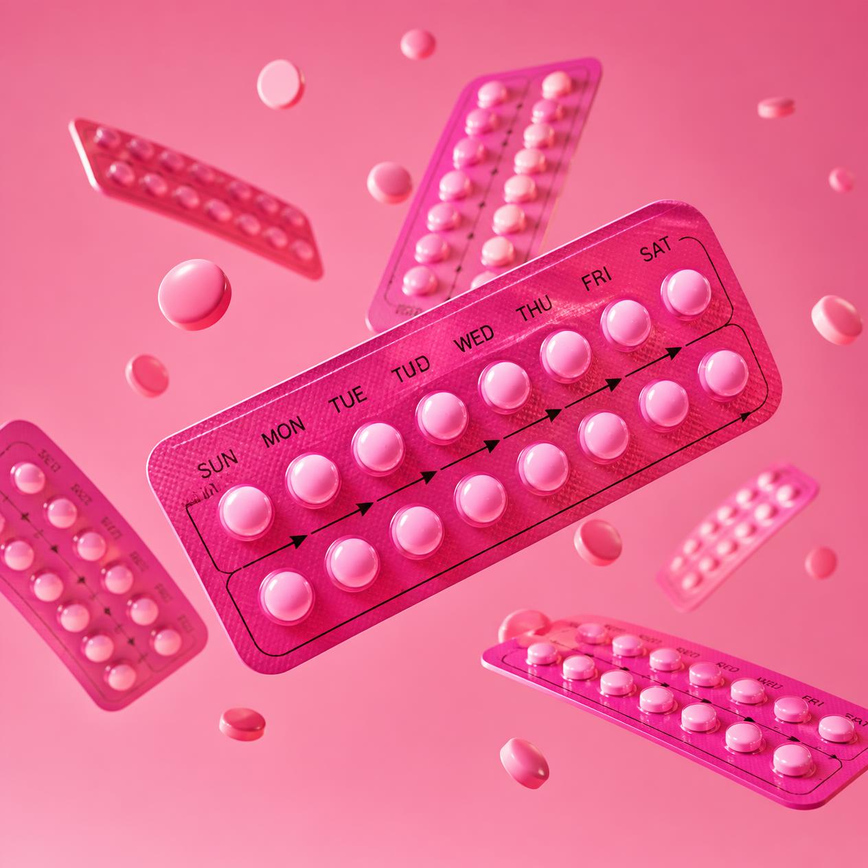 3D image of pink oral contraception pills floating in the air on pink background (3)