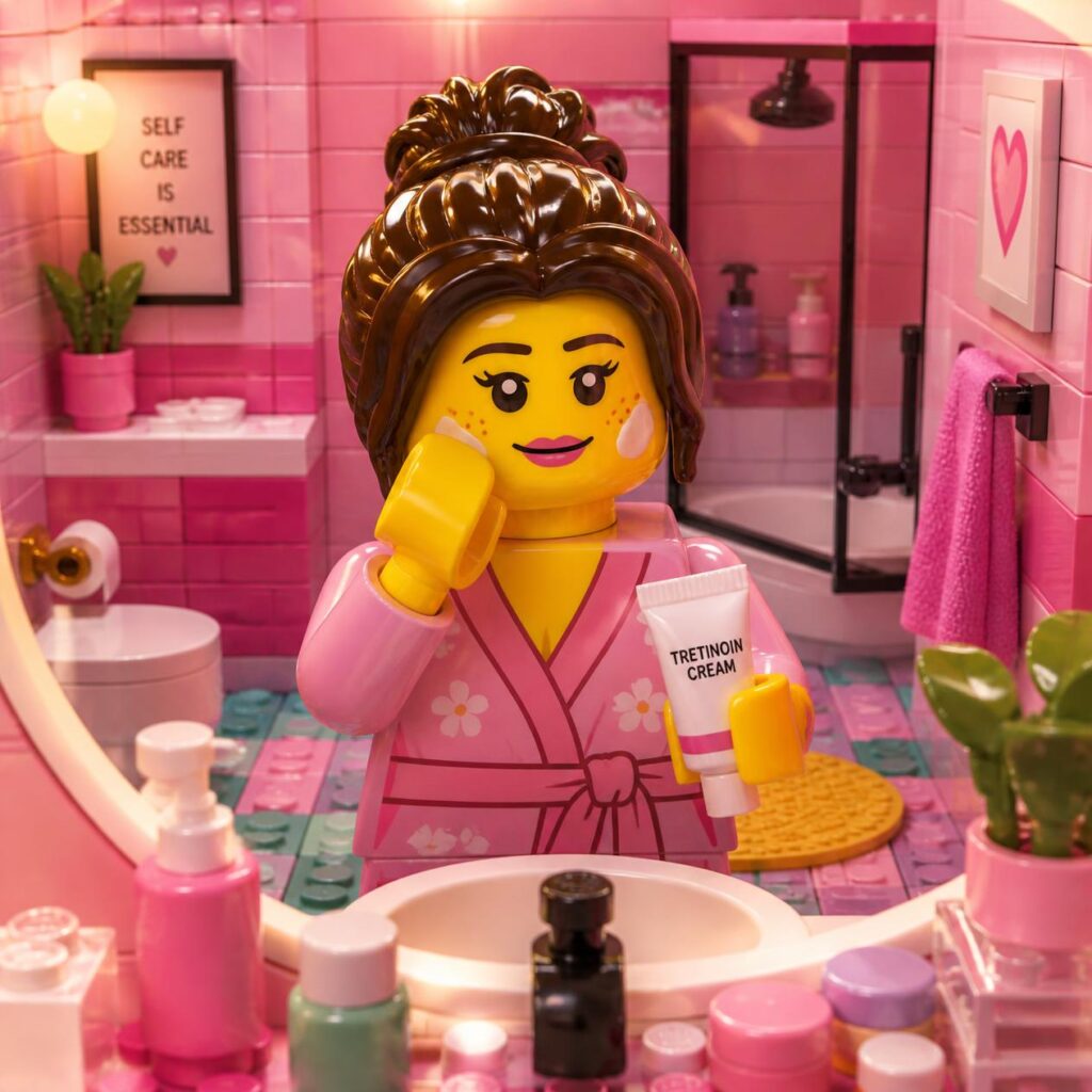 3d lego woman uses tretinoin cream on pink lego bathroom background (2)
