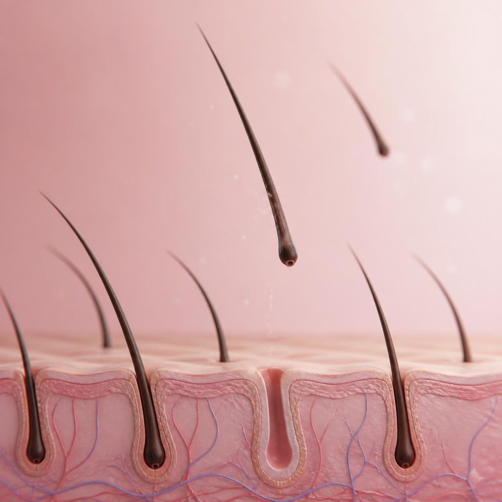 3d process of falling hair out of the follicules on pink background