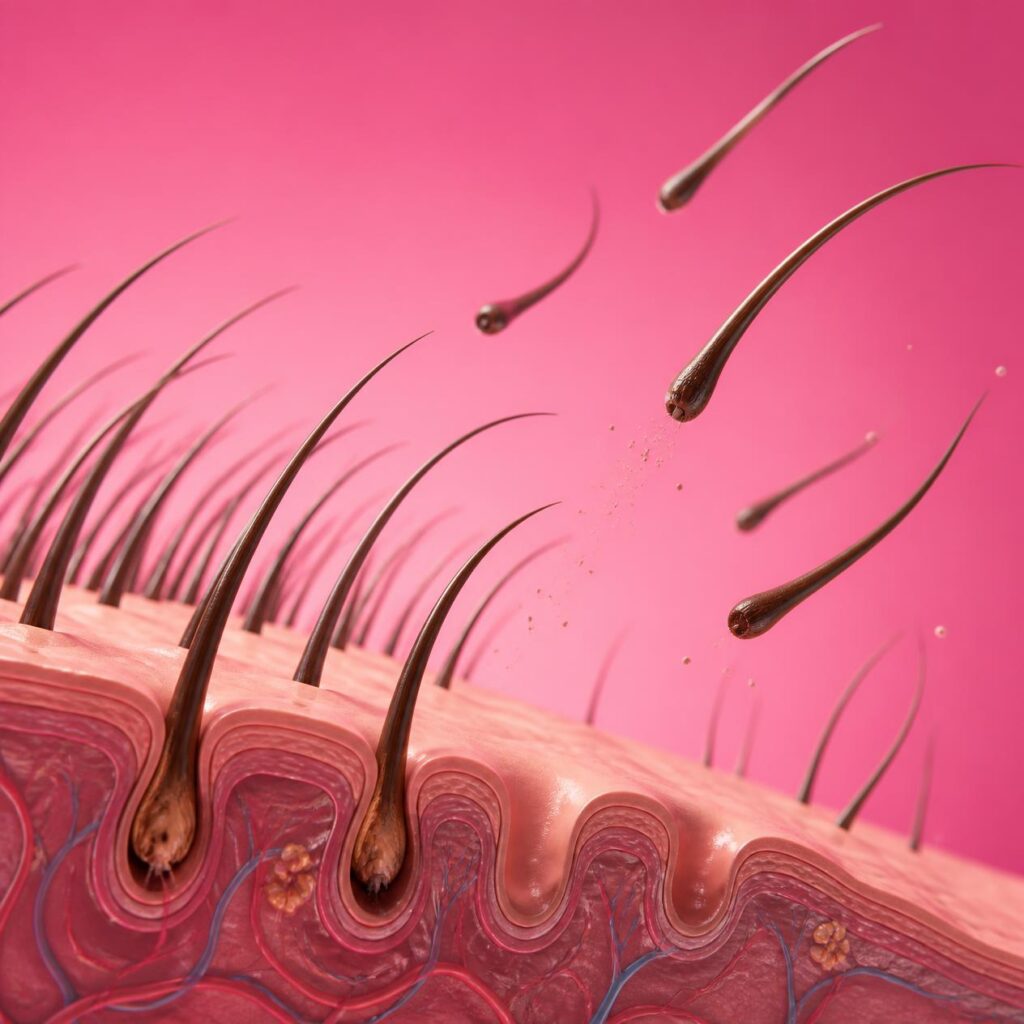3d process of falling hair out of the follicules on pink background (13)