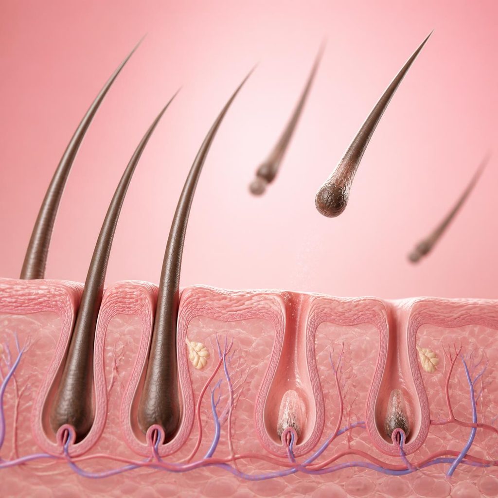 3d process of falling hair out of the follicules on pink background (6)