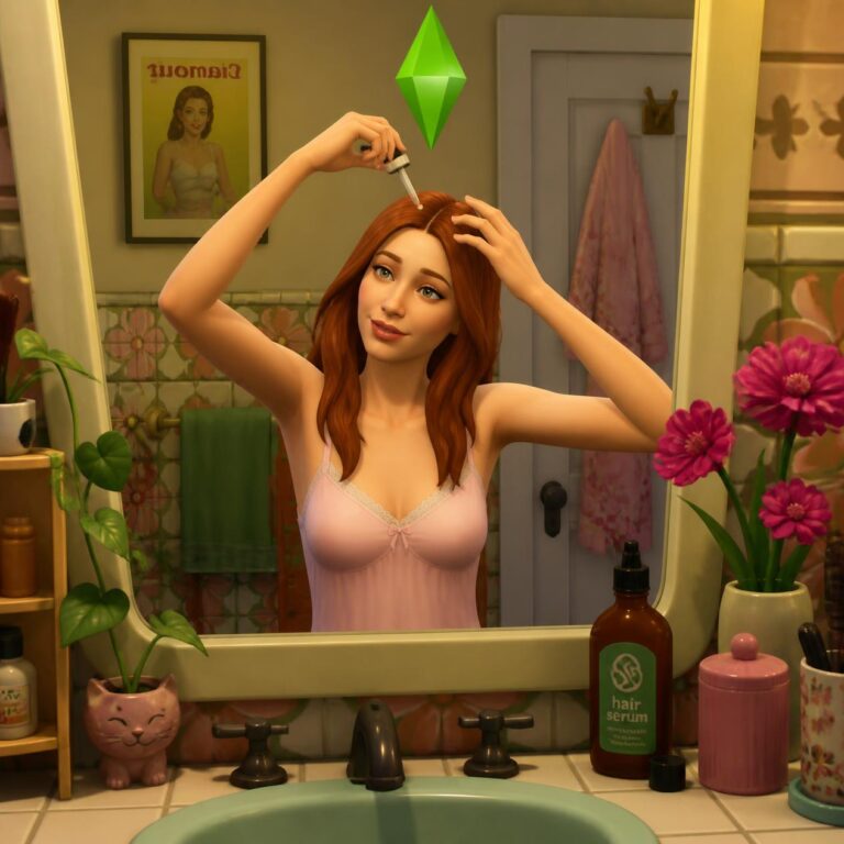 Sims 2 woman with plumbop applying hair serum on her scalp before mirror in the bathrooms sims 2 style (1)
