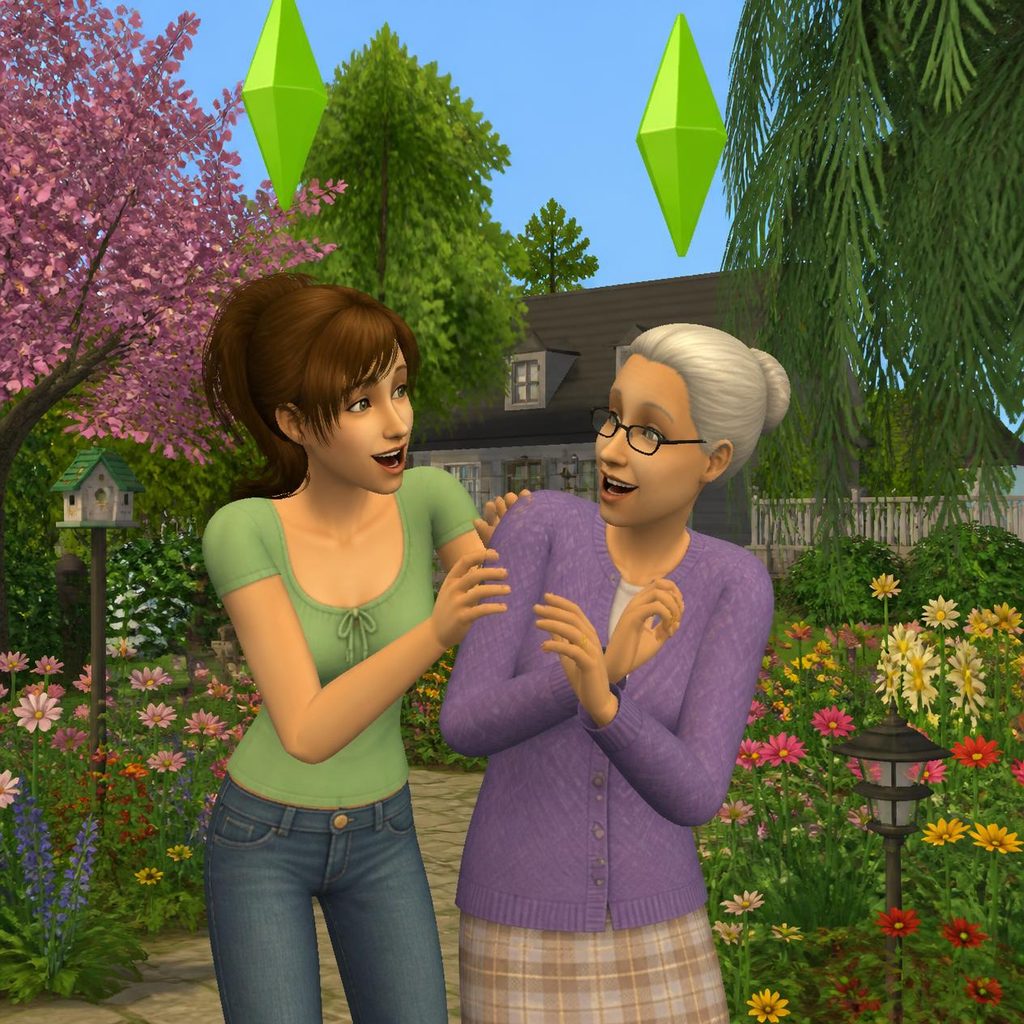 Sims 2 woman with plumbop hanging out with her grandma with plumbop sims 2 style